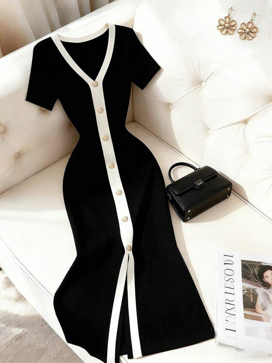 SHEIN Franclia فستان كاجوال مخطط بخطوط رأسية وأزرار أمامية بذيل مشقوق