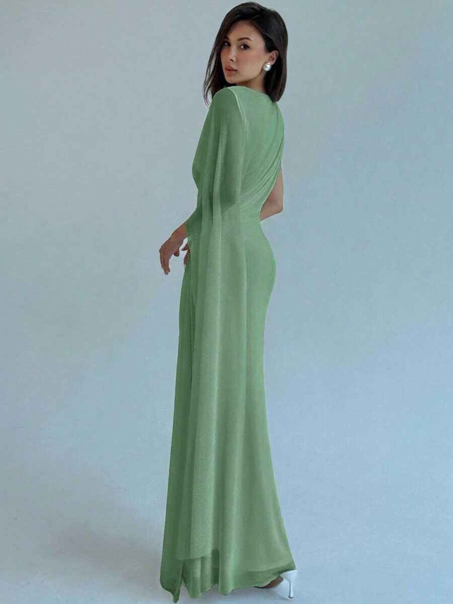 SHEIN Aloruh فستان سادة بطيات وياقة غير متماثلة بلون أخضر