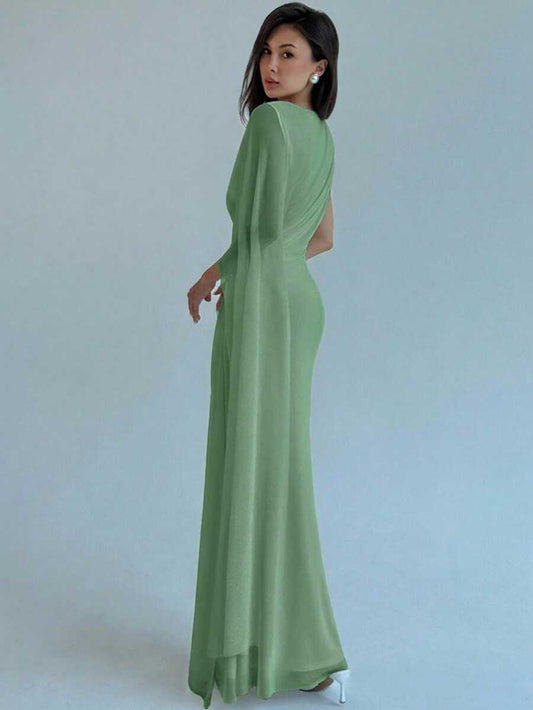 SHEIN Aloruh فستان سادة بطيات وياقة غير متماثلة بلون أخضر