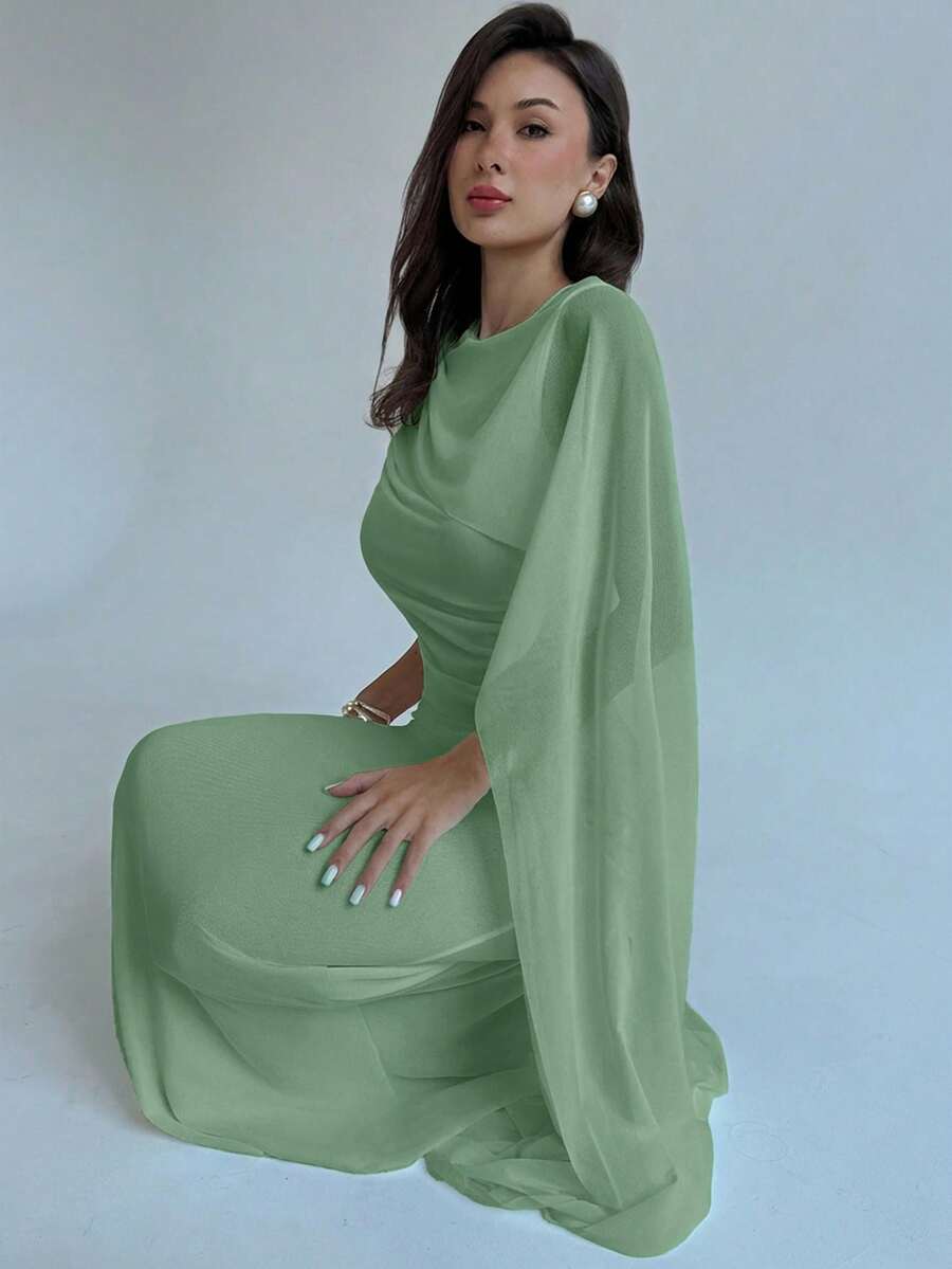 SHEIN Aloruh فستان سادة بطيات وياقة غير متماثلة بلون أخضر