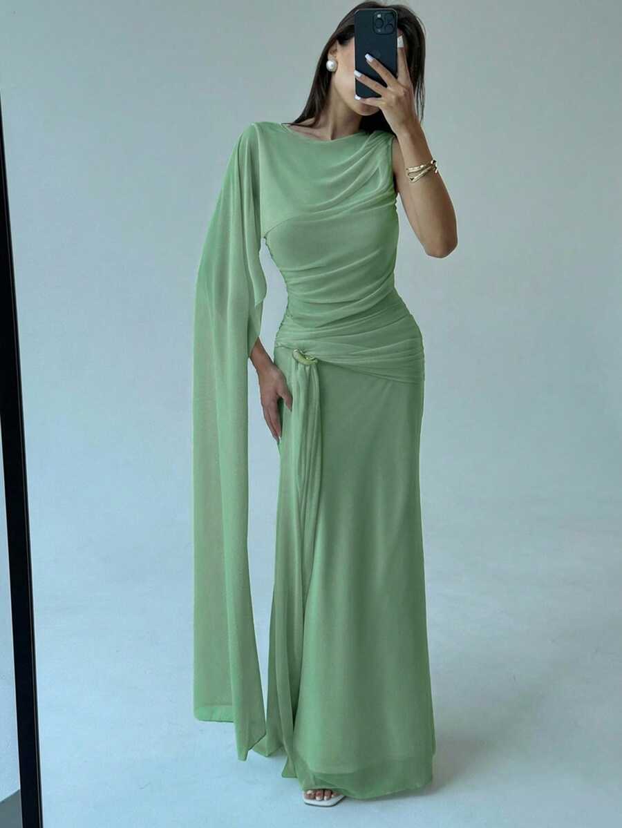SHEIN Aloruh فستان سادة بطيات وياقة غير متماثلة بلون أخضر