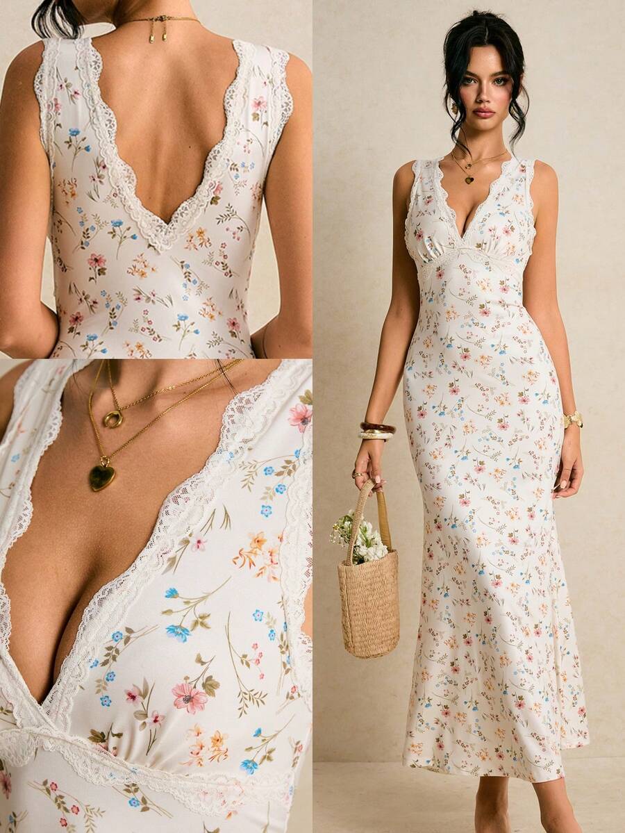 SHEIN Poéselle فستان بدون أكمام بتصميم ذيل سمكة مزين بزهور صغيرة