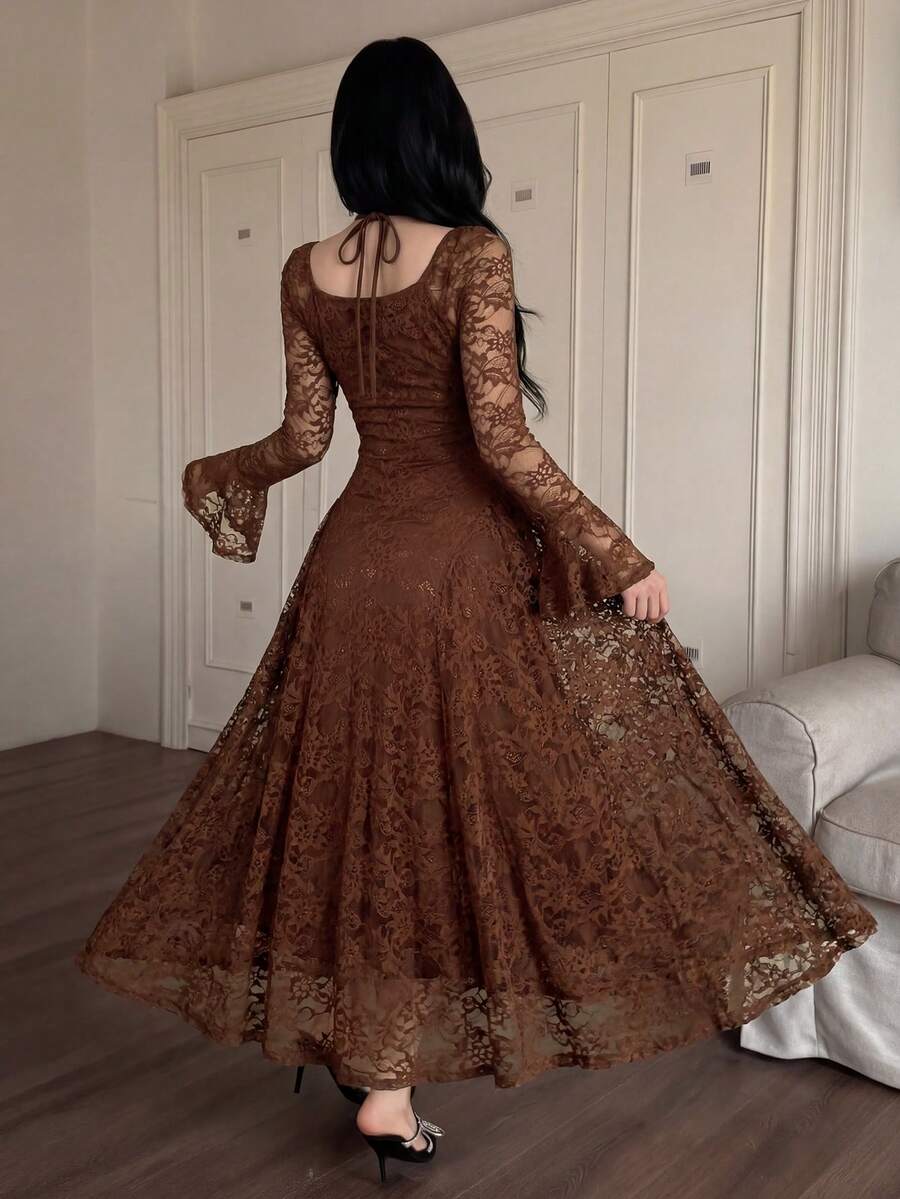 SHEIN فستان متوسط الطول أنيق بأكمام واسعة وخصر من الدانتيل