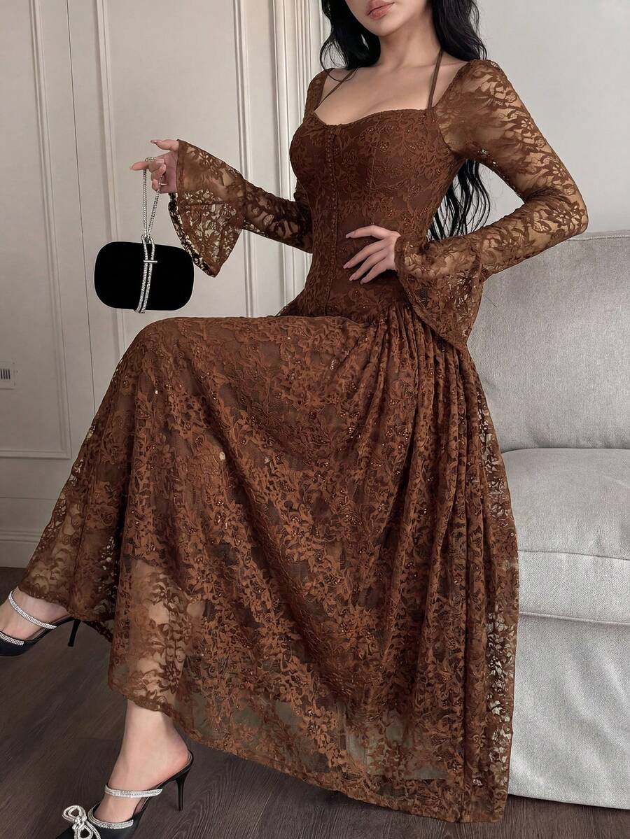 SHEIN فستان متوسط الطول أنيق بأكمام واسعة وخصر من الدانتيل