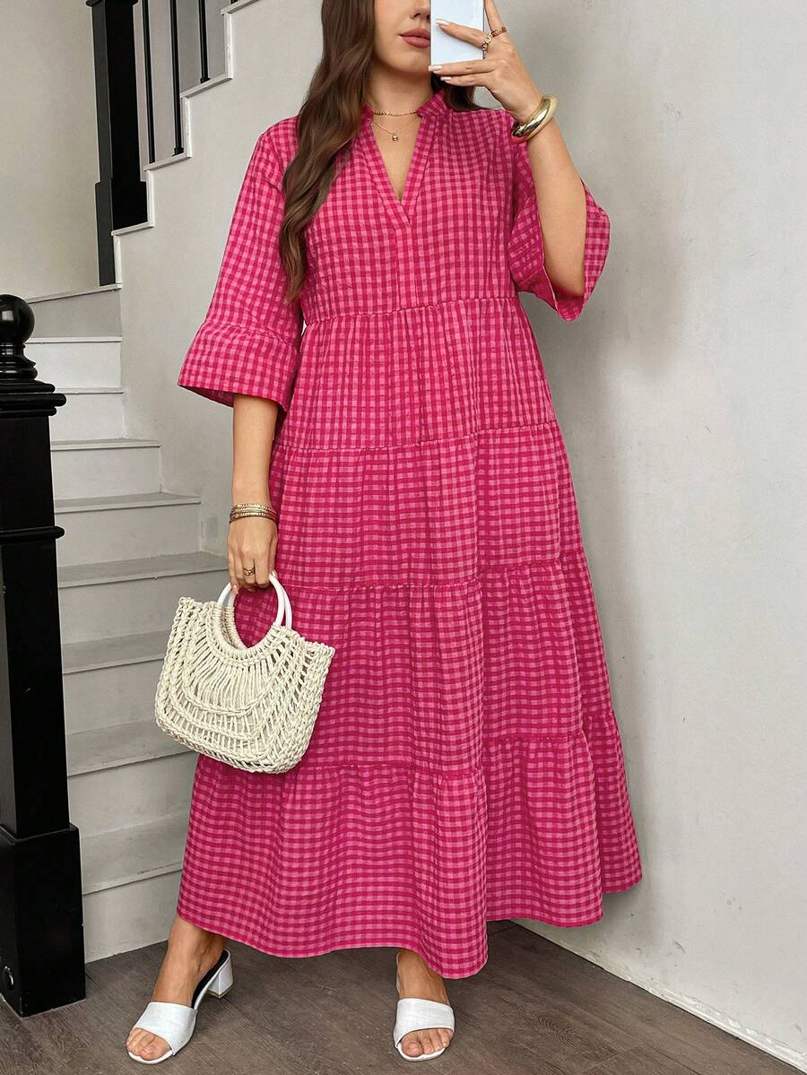 SHEIN Easowa Curve فستان فضفاض للمقاس الكبير بتريم كشكش مربعات