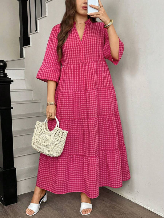 SHEIN Easowa Curve فستان فضفاض للمقاس الكبير بتريم كشكش مربعات