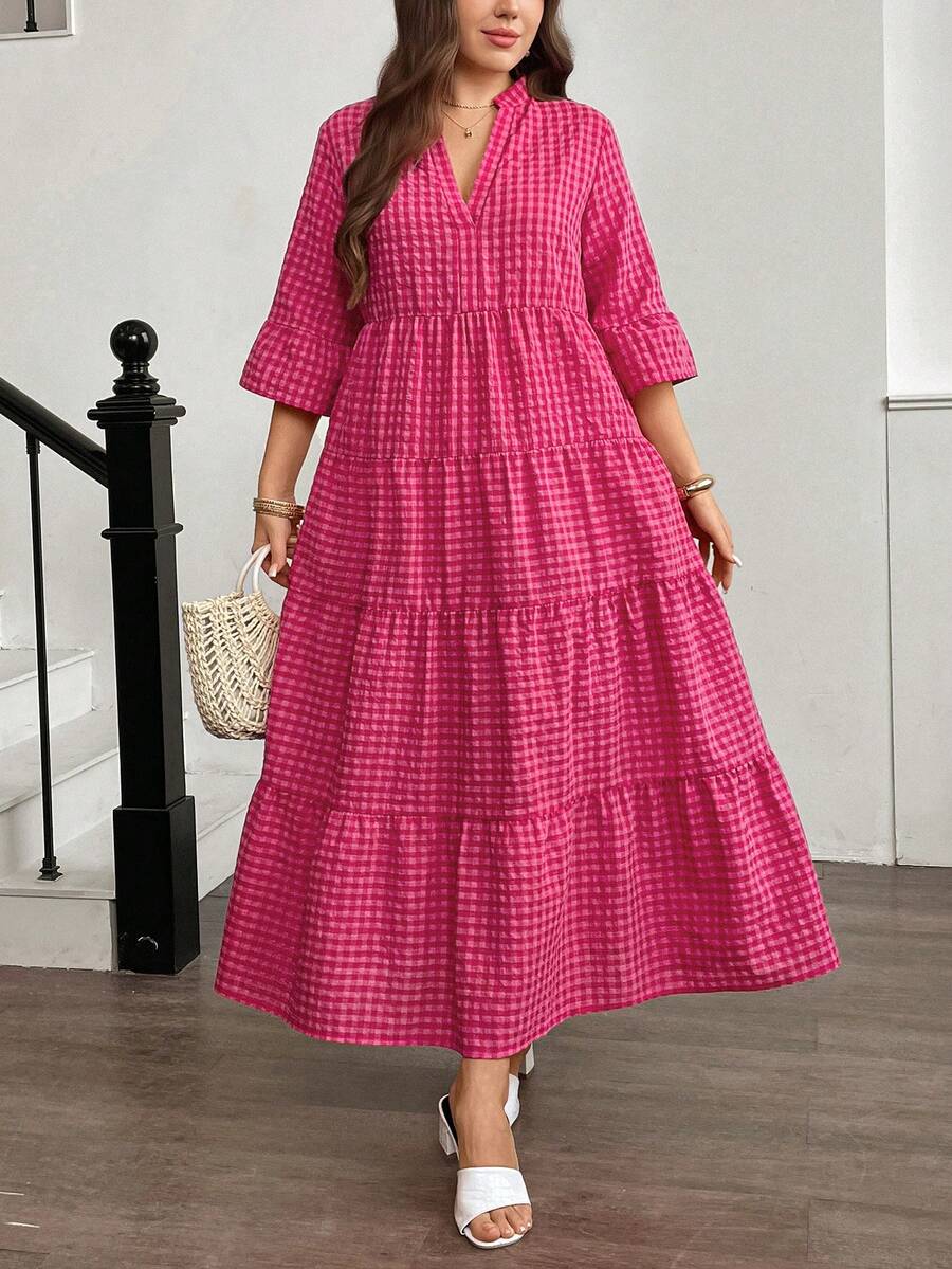 SHEIN Easowa Curve فستان فضفاض للمقاس الكبير بتريم كشكش مربعات