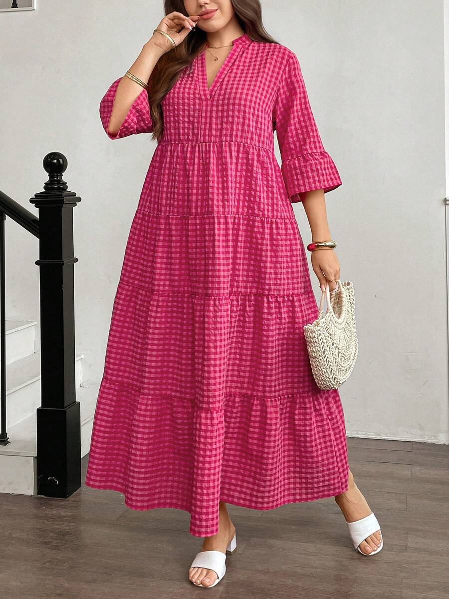 SHEIN Easowa Curve فستان فضفاض للمقاس الكبير بتريم كشكش مربعات