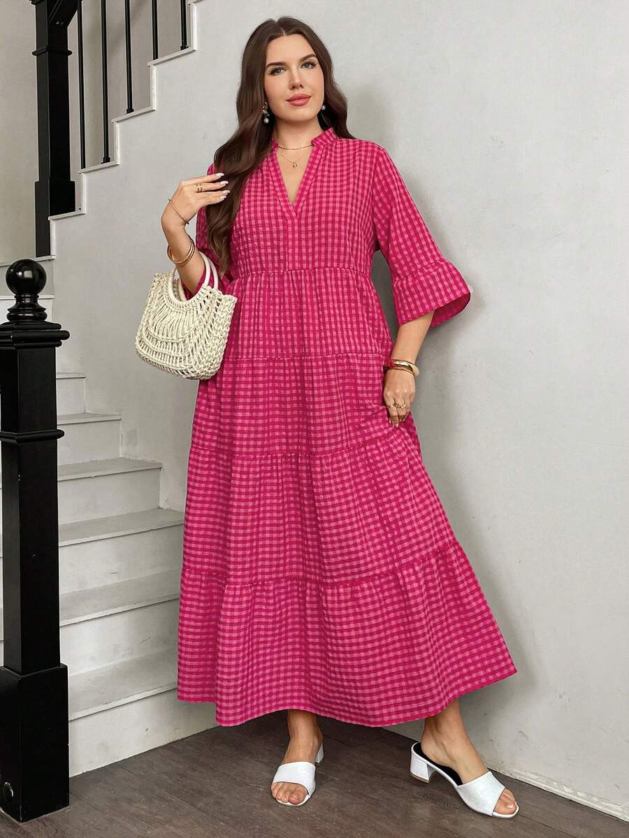 SHEIN Easowa Curve فستان فضفاض للمقاس الكبير بتريم كشكش مربعات