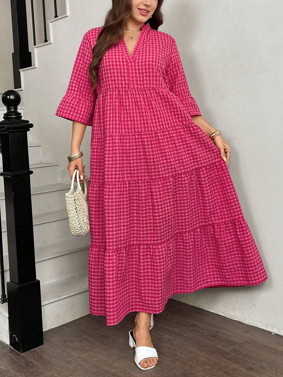 SHEIN Easowa Curve فستان فضفاض للمقاس الكبير بتريم كشكش مربعات