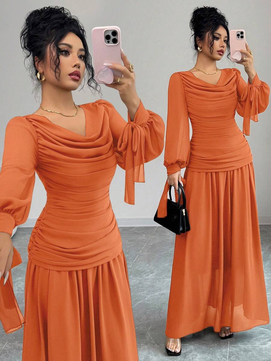 SHEIN Elenzga فستان شيفون برتقالي بطوق مكشكش وأكمام فانوس