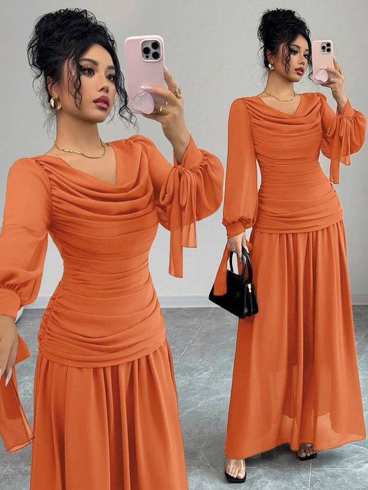 SHEIN Elenzga فستان شيفون برتقالي بطوق مكشكش وأكمام فانوس