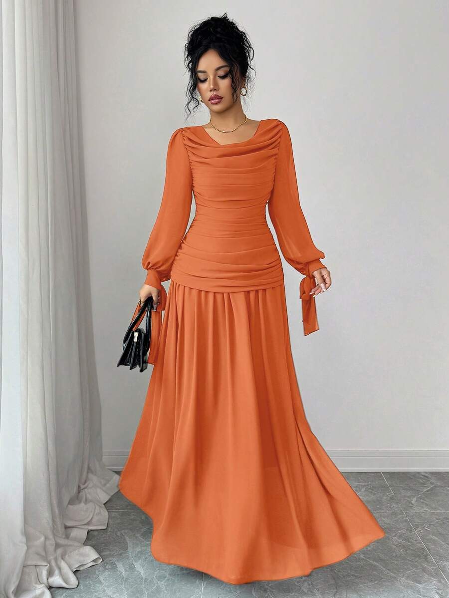 SHEIN Elenzga فستان شيفون برتقالي بطوق مكشكش وأكمام فانوس