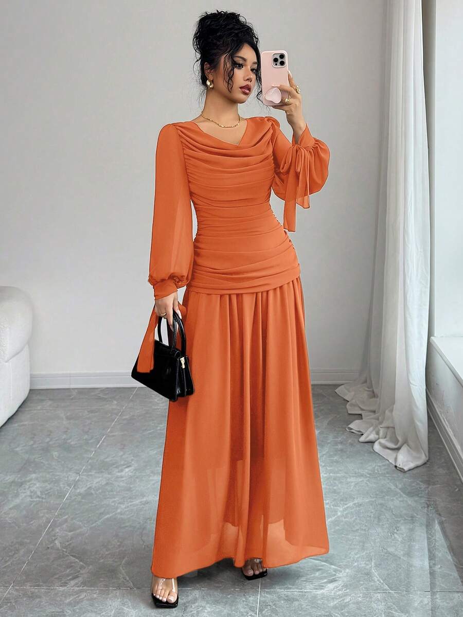 SHEIN Elenzga فستان شيفون برتقالي بطوق مكشكش وأكمام فانوس