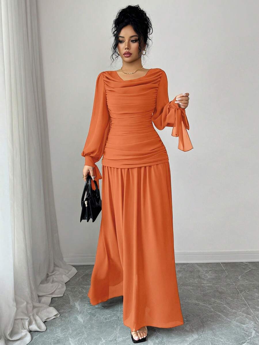 SHEIN Elenzga فستان شيفون برتقالي بطوق مكشكش وأكمام فانوس