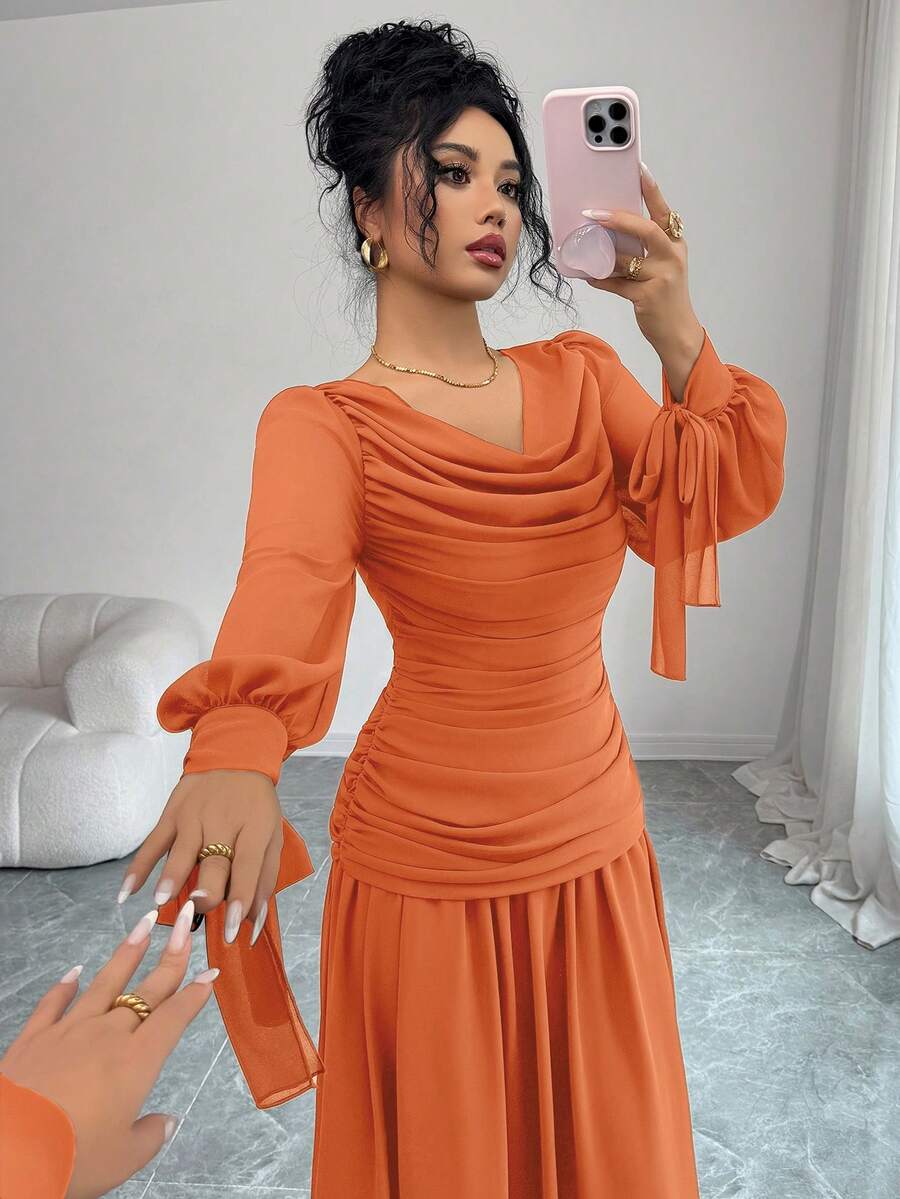 SHEIN Elenzga فستان شيفون برتقالي بطوق مكشكش وأكمام فانوس
