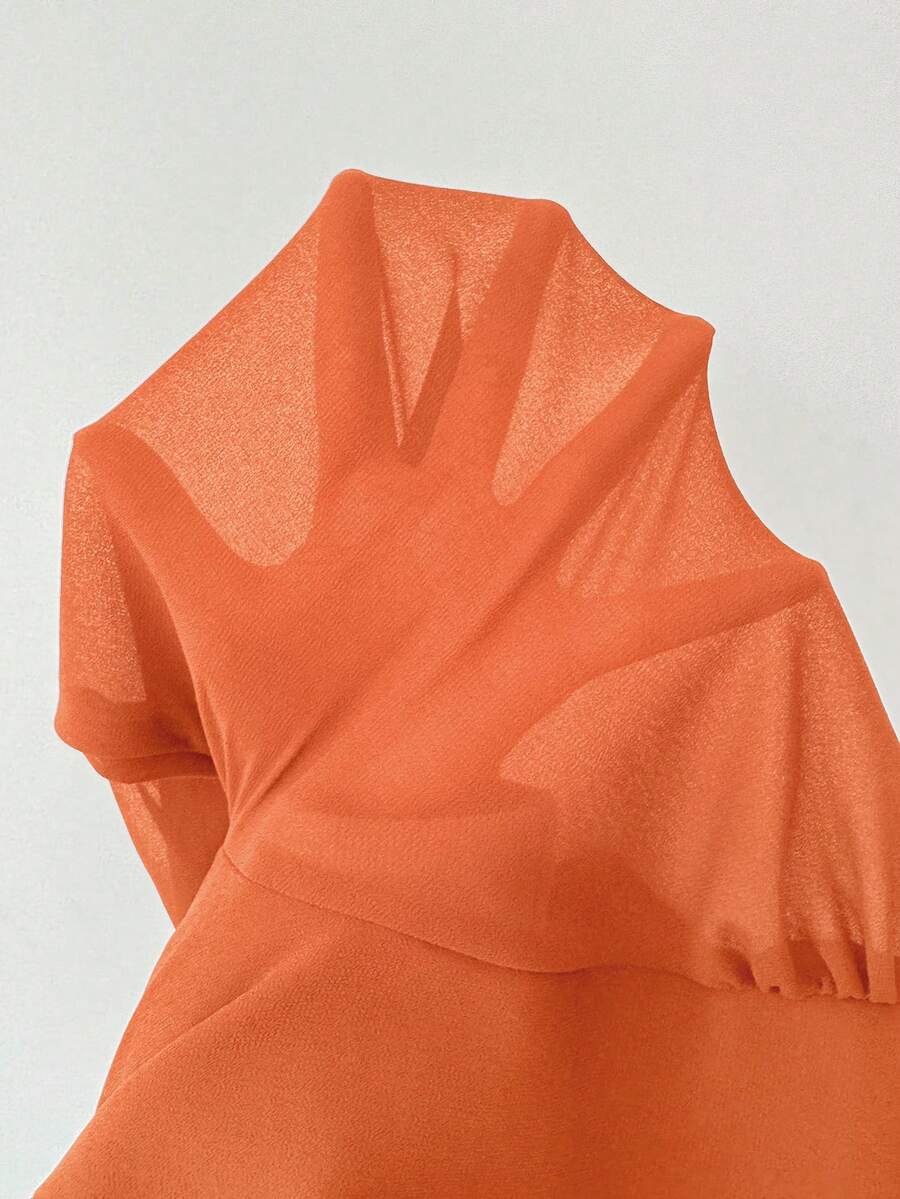 SHEIN Elenzga فستان شيفون برتقالي بطوق مكشكش وأكمام فانوس