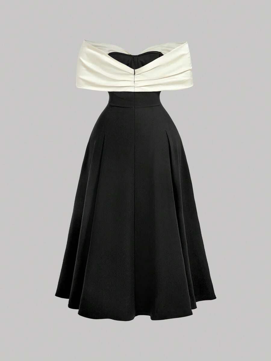 SHEIN MOD فستان للمقاسات الكبيرة بتصميم فيونكة ولؤلؤ مكشوف الكتفين