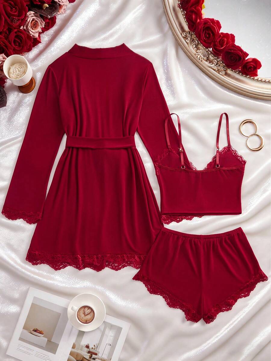 SHEIN طقم لانجري 3 قطع من قميص كامي وشورت وروب بحزام