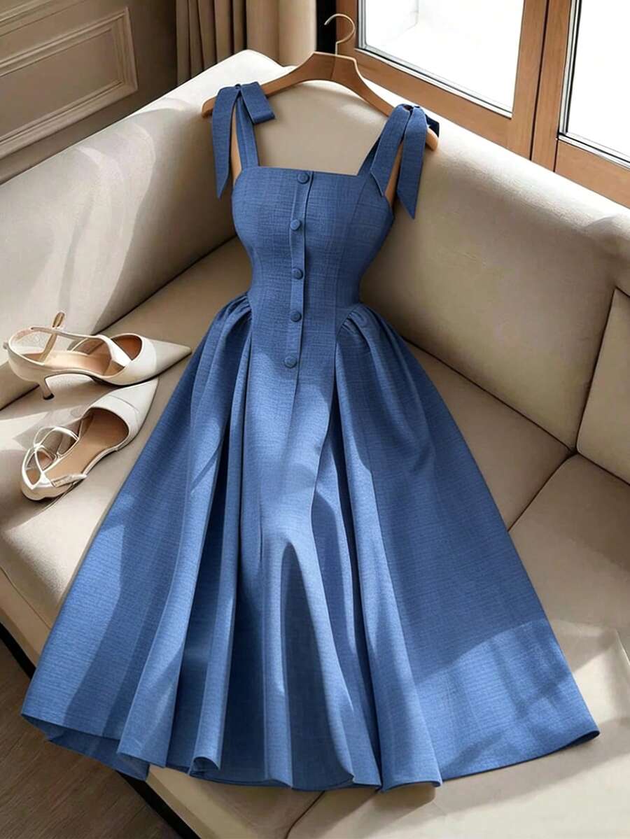 SHEIN Elenzya فستان أزرق طويل مريح بنسيج منسوج