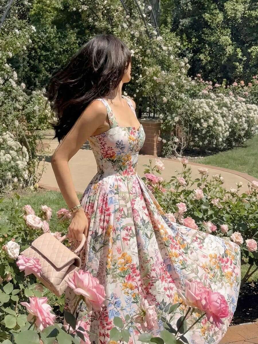SHEIN MOD فستان أنيق بحزام خصر وطبعة زهور بأشرطة سميكة
