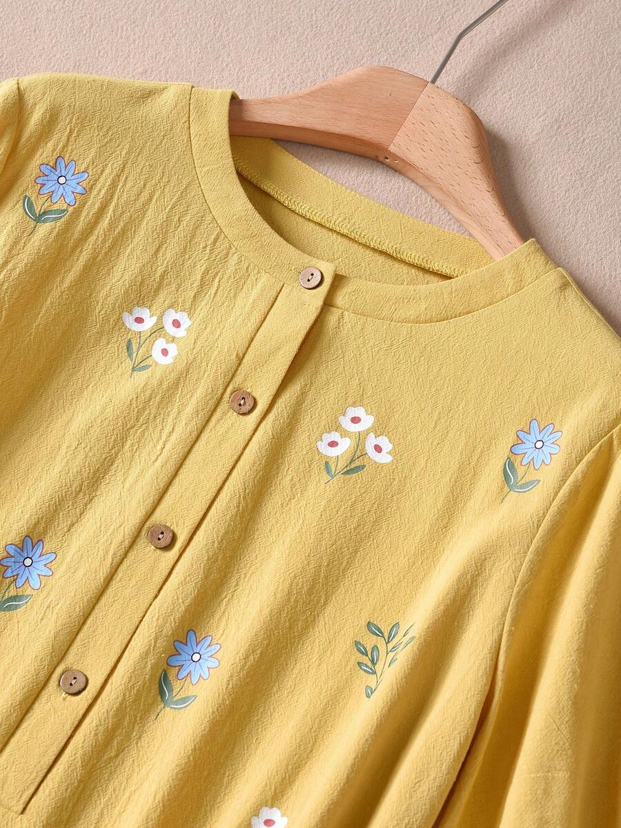 SHEIN RUSTICEASE فستان أصفر كاجوال أنيق بطبعة زهرية