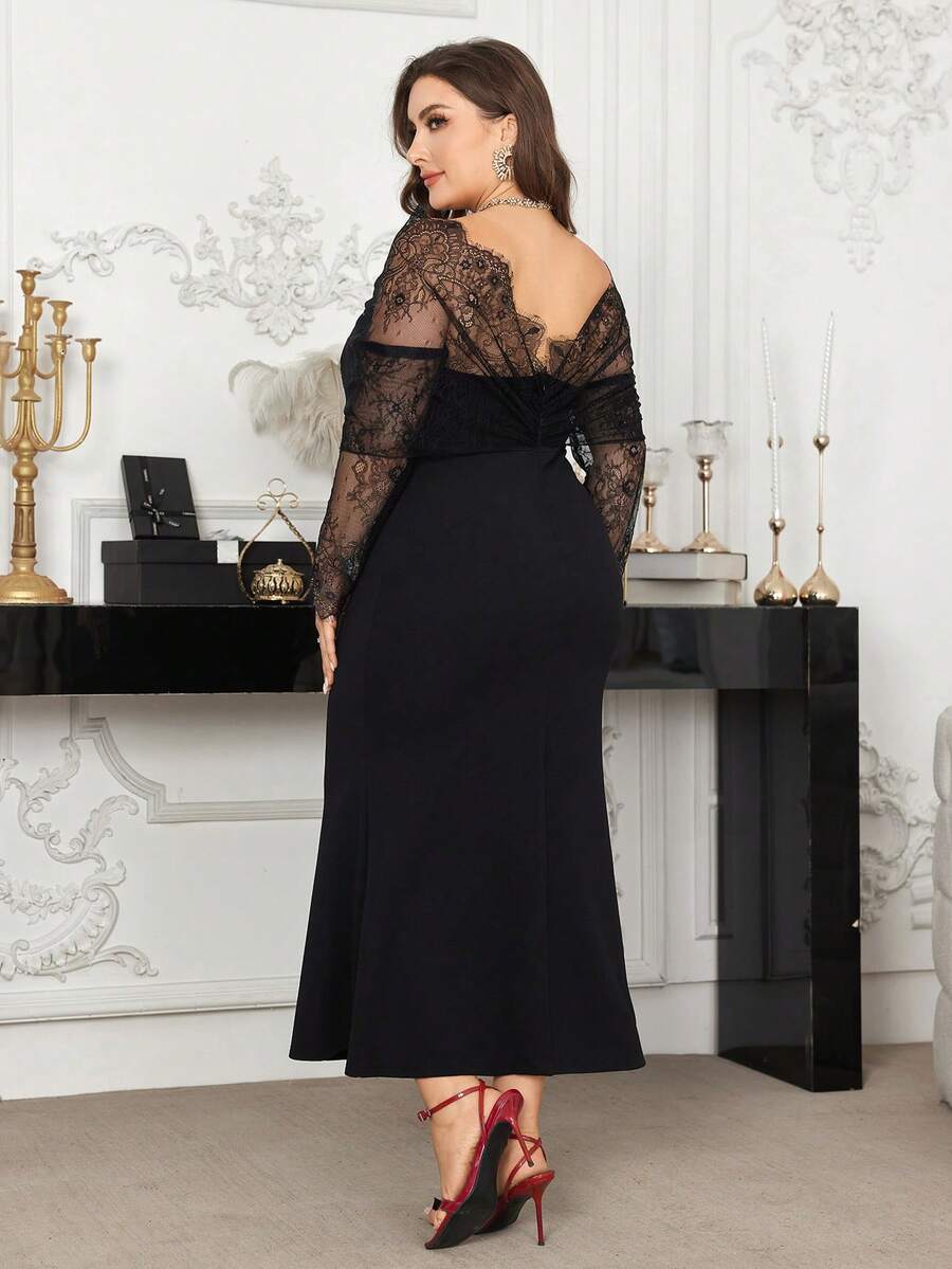 SHEIN Modelyn فستان أسود للمقاسات الكبيرة بكتف مكشوف مزين بالدانتيل والرقعات