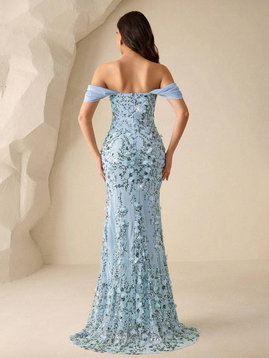 SHEIN Coutiva فستان سهرة طويل بأكتاف مكشوفة مزين بزخارف زهرية مرصعة وبريق فاخر