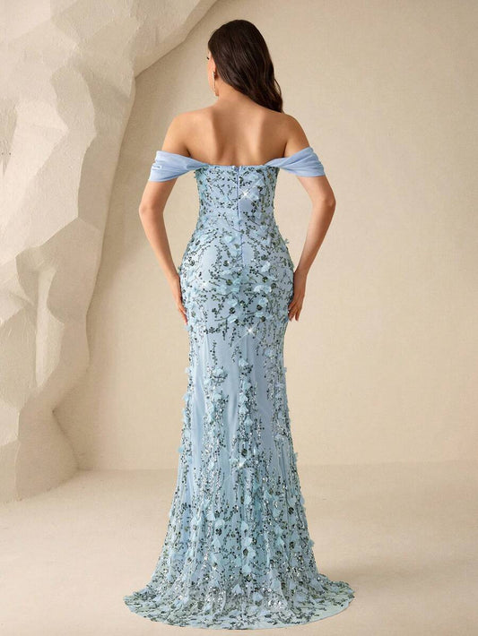 SHEIN Coutiva فستان سهرة طويل بأكتاف مكشوفة مزين بزخارف زهرية مرصعة وبريق فاخر