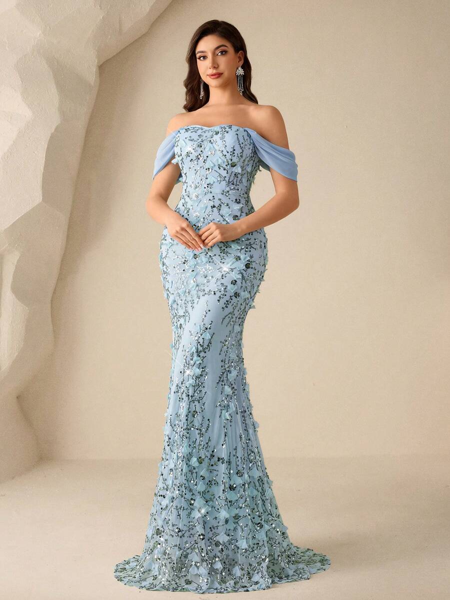 SHEIN Coutiva فستان سهرة طويل بأكتاف مكشوفة مزين بزخارف زهرية مرصعة وبريق فاخر