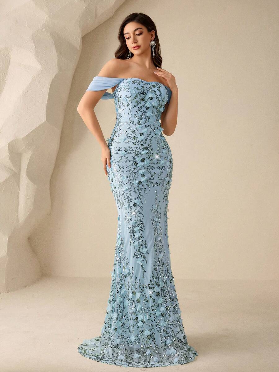 SHEIN Coutiva فستان سهرة طويل بأكتاف مكشوفة مزين بزخارف زهرية مرصعة وبريق فاخر