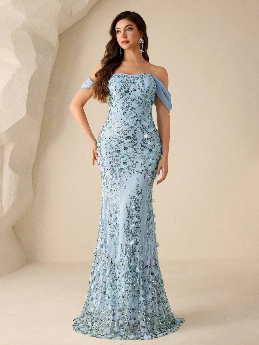 SHEIN Coutiva فستان سهرة طويل بأكتاف مكشوفة مزين بزخارف زهرية مرصعة وبريق فاخر