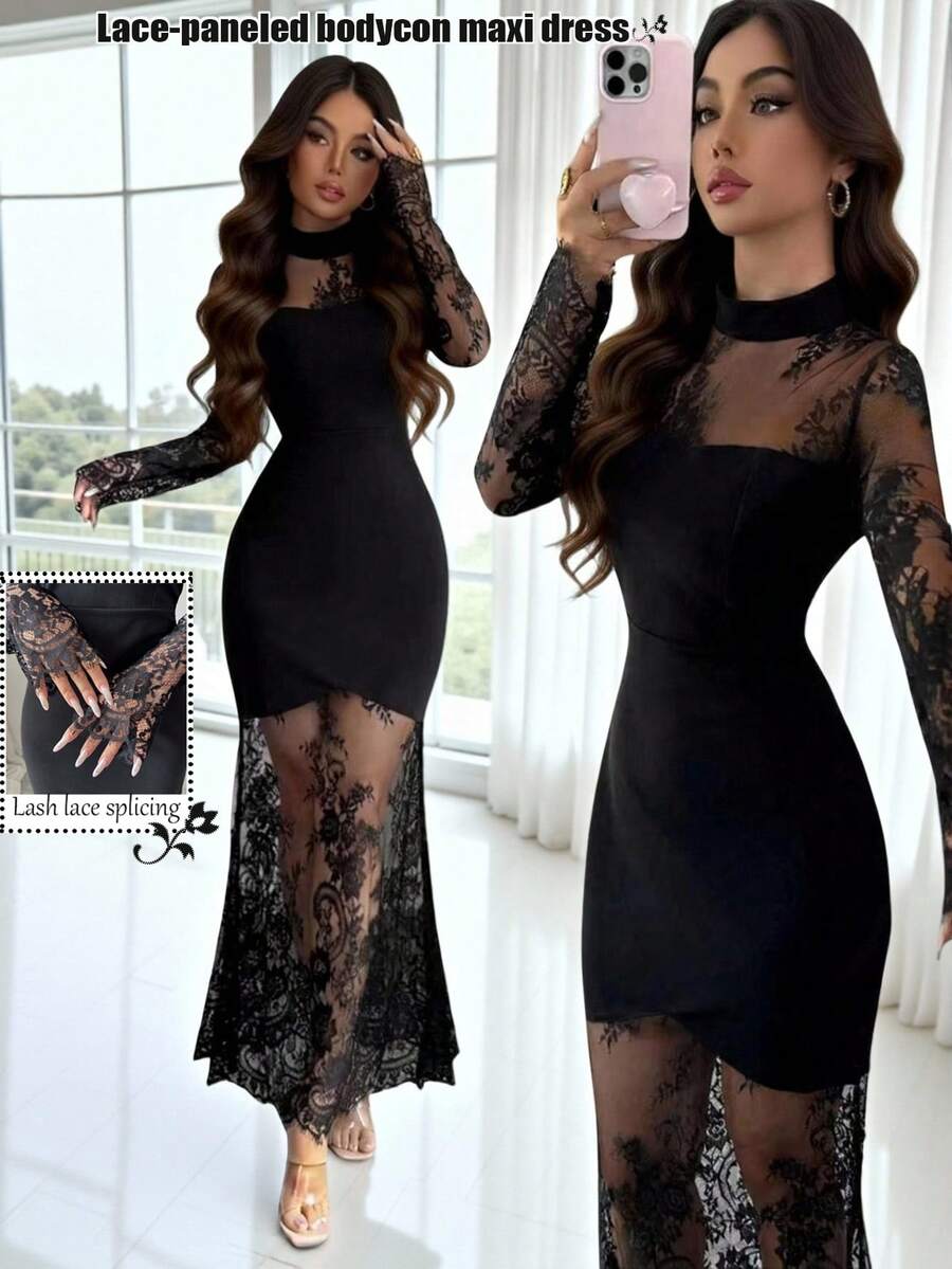 SHEIN Elenzya فستان أسود ضيق بأكمام دانتيل مفرغ طويل