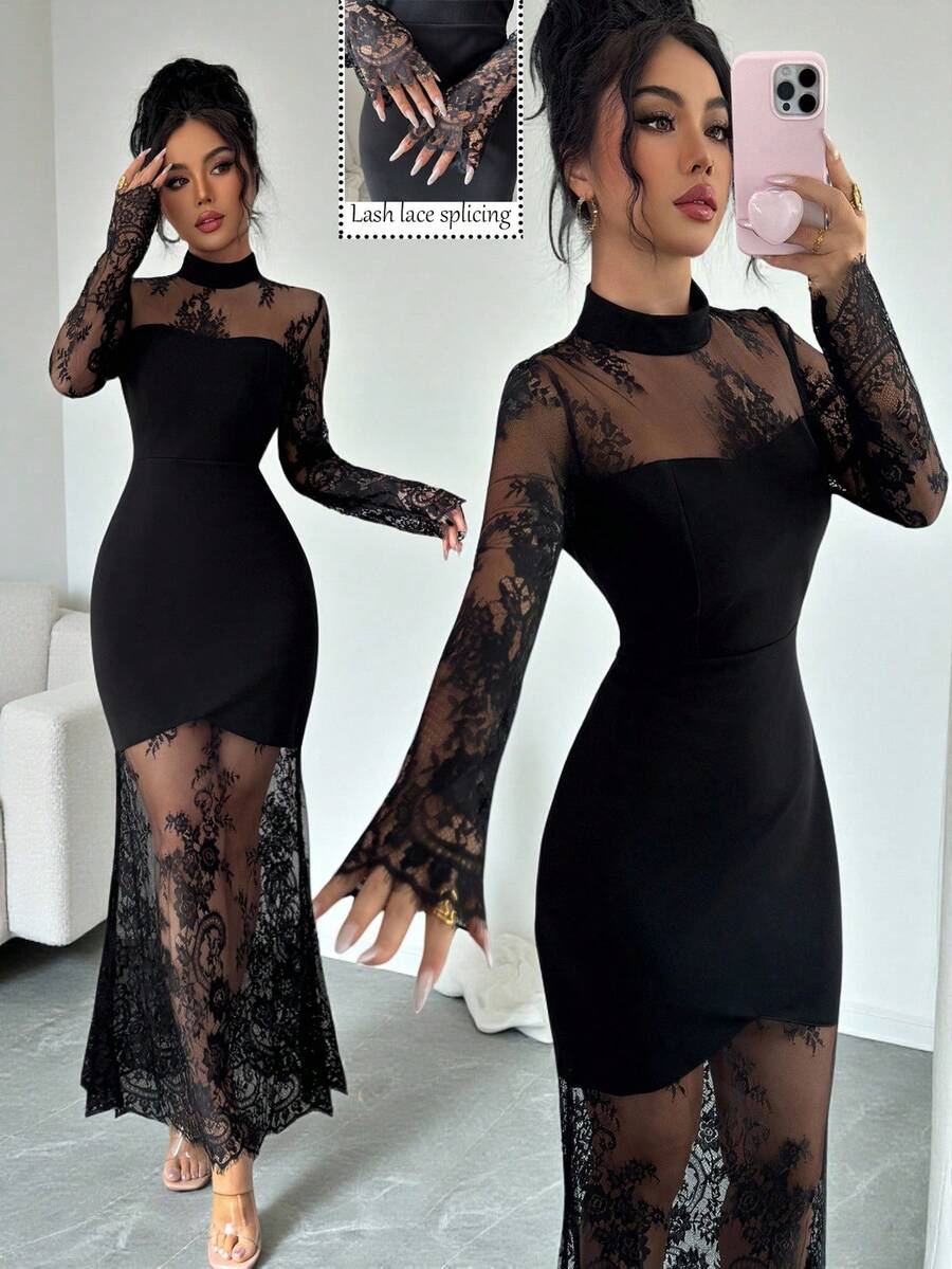 SHEIN Elenzya فستان أسود ضيق بأكمام دانتيل مفرغ طويل