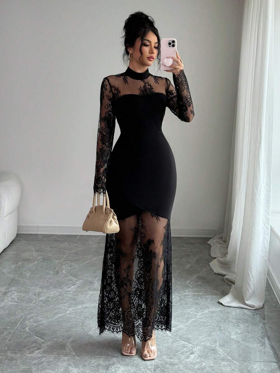 SHEIN Elenzya فستان أسود ضيق بأكمام دانتيل مفرغ طويل