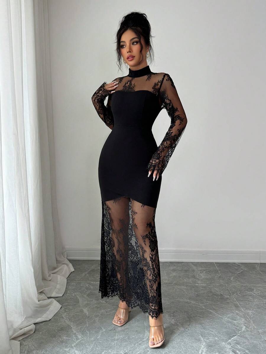 SHEIN Elenzya فستان أسود ضيق بأكمام دانتيل مفرغ طويل