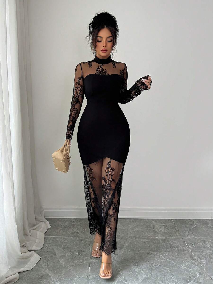 SHEIN Elenzya فستان أسود ضيق بأكمام دانتيل مفرغ طويل