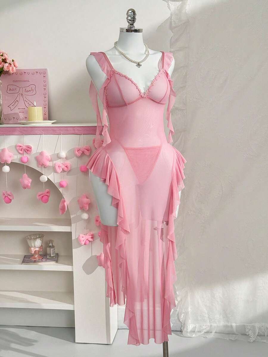 SHEIN PetitDoll طقم قطعتين فستان نوم شبكي جذاب وسروال