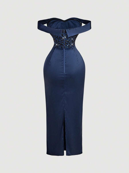 SHEIN MOD فستان بكتف مكشوف بشق وترتر شمبانيا بلون أزرق كحلي