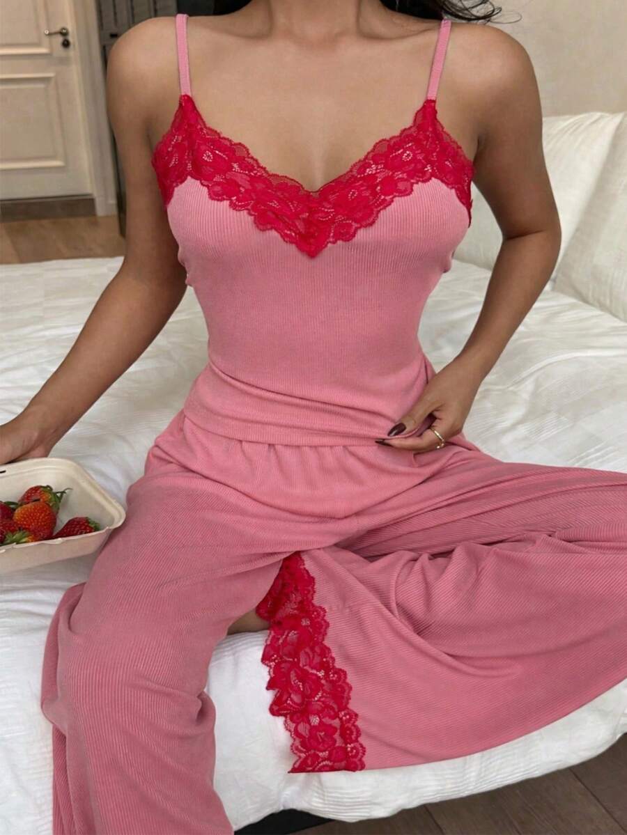 SHEIN Miss Vinta طقم بيجامة من الدانتيل بطراز أوروبي وأمريكي جذاب