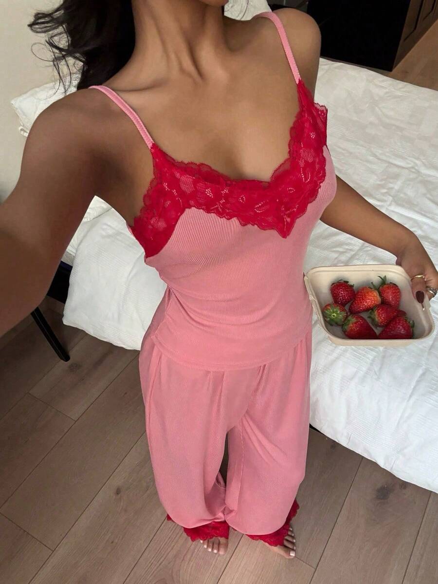 SHEIN Miss Vinta طقم بيجامة من الدانتيل بطراز أوروبي وأمريكي جذاب