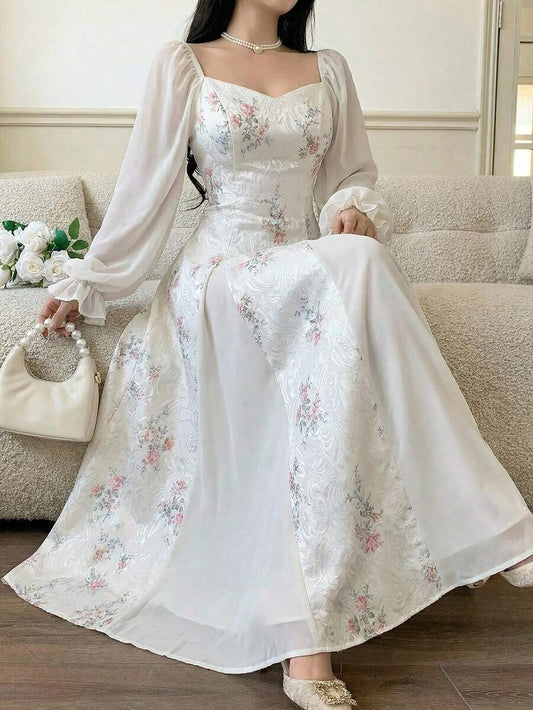 SHEIN Feyla فستان أنيق مطبوع بأكمام منفوخة