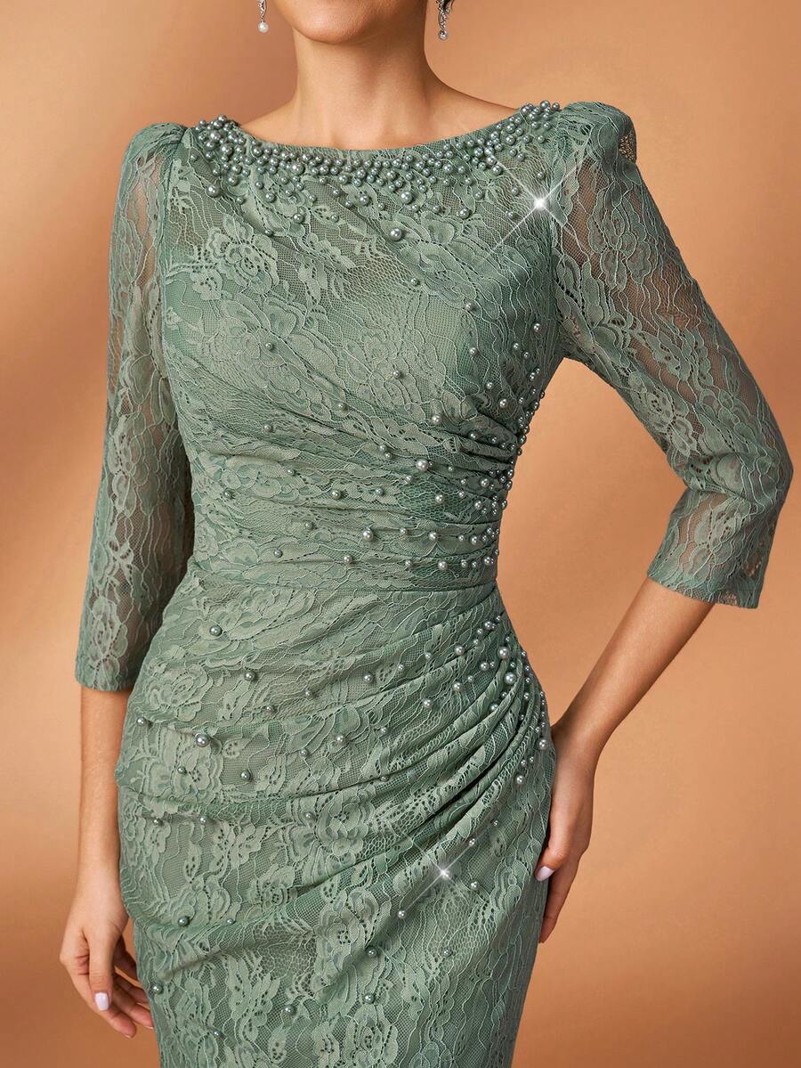 SHEIN Serin فستان سهرة أخضر بذيل الحورية مزين بالألماس والخرز بأكمام شفافة