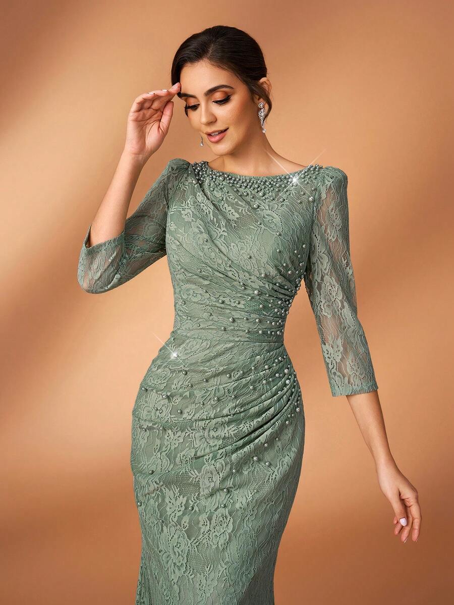 SHEIN Serin فستان سهرة أخضر بذيل الحورية مزين بالألماس والخرز بأكمام شفافة