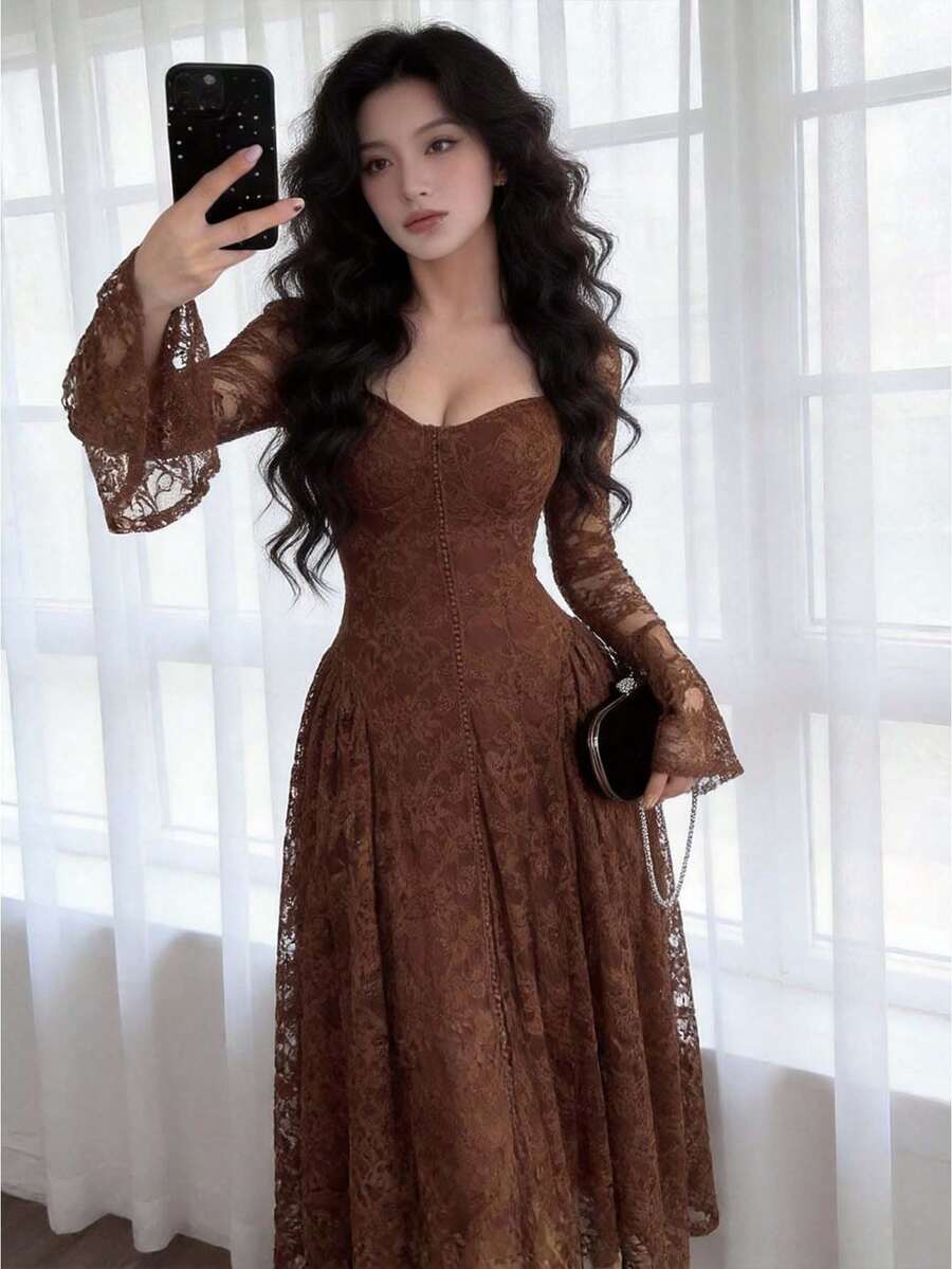 SHEIN فستان متوسط الطول أنيق بأكمام واسعة وخصر من الدانتيل