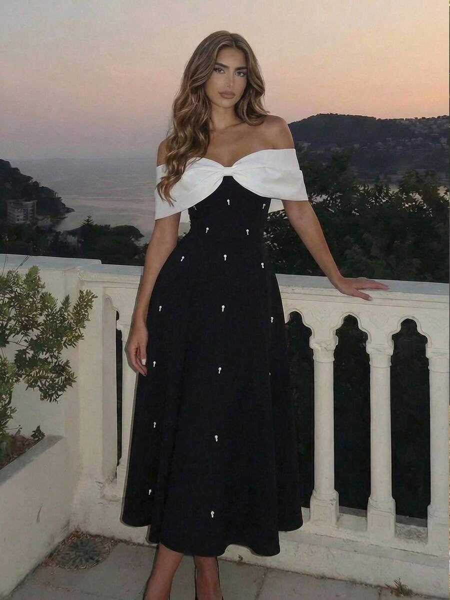 SHEIN MOD فستان للمقاسات الكبيرة بتصميم فيونكة ولؤلؤ مكشوف الكتفين