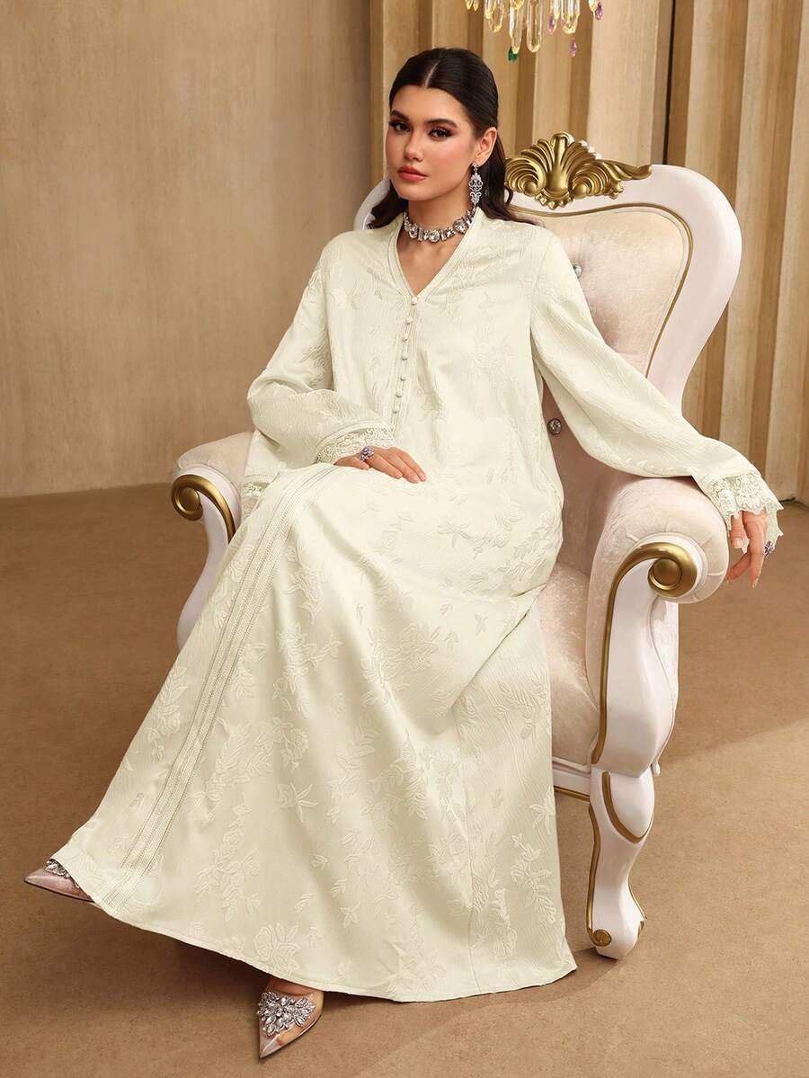SHEIN Najma فستان عربي طويل بأكمام مزخرف بالشريط والدانتيل