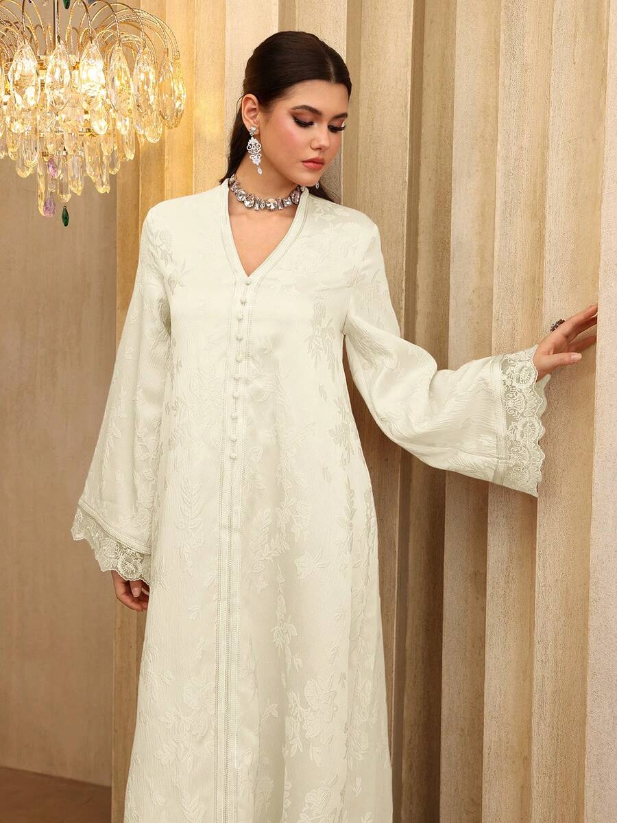 SHEIN Najma فستان عربي طويل بأكمام مزخرف بالشريط والدانتيل