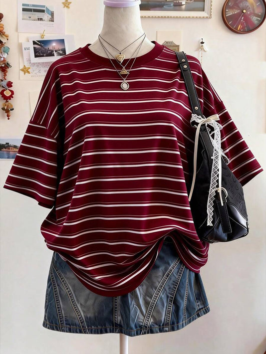 SHEIN Lalippa تي شيرت نسائي كاجوال مطبوع بخطوط