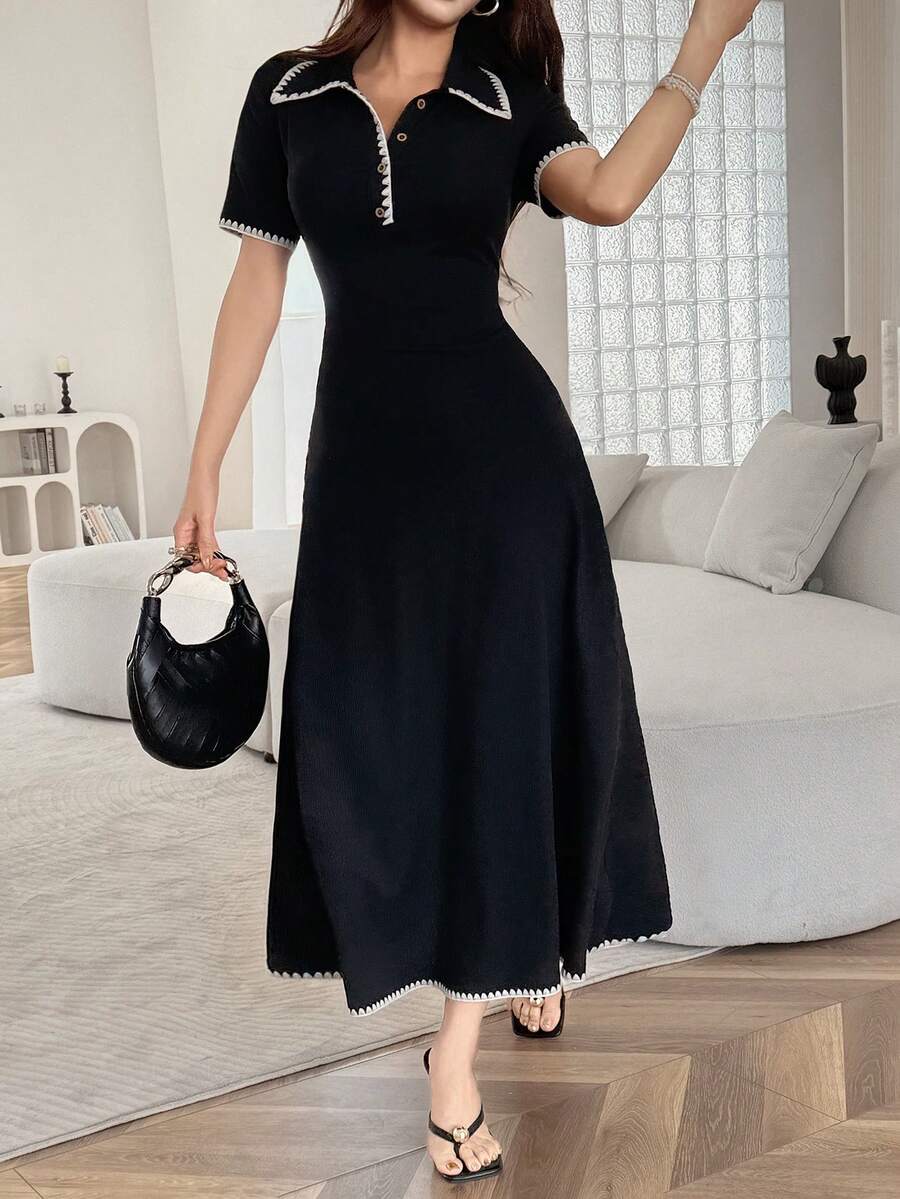 SHEIN FEYLA فستان أسود بتصميم حافة مسننة متباينة الألوان